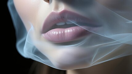 Whispering lips closeup, representing confidential information close up, concept of privacy, ethereal, double exposure, dark room backdrop