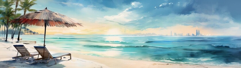 Obraz premium Beach umbrella and lounge chair in watercolor, highlighting leisure selective focus, concept of relaxation, ethereal, composite, tropical island backdrop