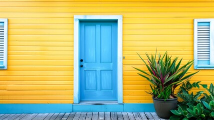 A house's front exterior painted yellow with blue shutters and a blue door - Powered by Adobe