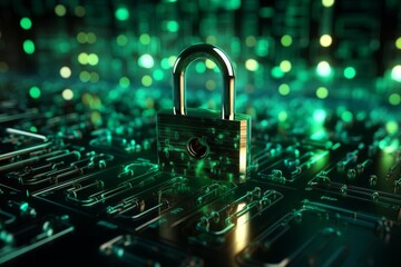 Digital lock with encryption graphics, highlighting data protection selective focus, theme of cybersecurity, vibrant, blend mode, server room backdrop