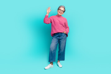 Full length photo of cheerful pleasant woman wear pink sweater denim pants in glasses waving palm...
