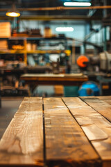 A wooden workbench in the foreground with a blurred background of an industrial workshop. The background includes various tools and equipment, metalworking machines, safety gear, and shelves.