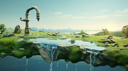 View of fantasy landscape with surreal running water tap for world water day awareness - Powered by Adobe