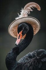 Portrait of a black swan wearing a hat with a feather