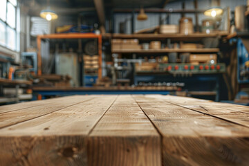 A wooden workbench in the foreground with a blurred background of an industrial workshop. The background includes various tools and equipment, metalworking machines, safety gear, and shelves. - Powered by Adobe