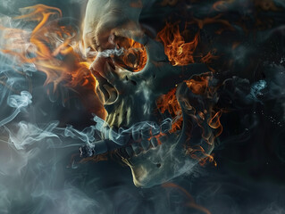 a skull with burning teeth, surrounded by smoke and flames, smoke rises from its mouth as it smokes a cigarette, in an ethereal style, dark background, dramatic lighting, photorealistic