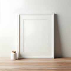 white mock up photo frame on light brown wooden shelf with white bottle and shadows. White walls. Minimalist shelving concept.