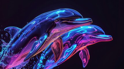 Obraz premium neon, dolphin, wildlife, illustration, light, design, background, aquatic, glow, mammal, poster, signs, fish, art, wild, animal, black, nature, symbol, vacation, water, sea, summer, artistic, artwork,