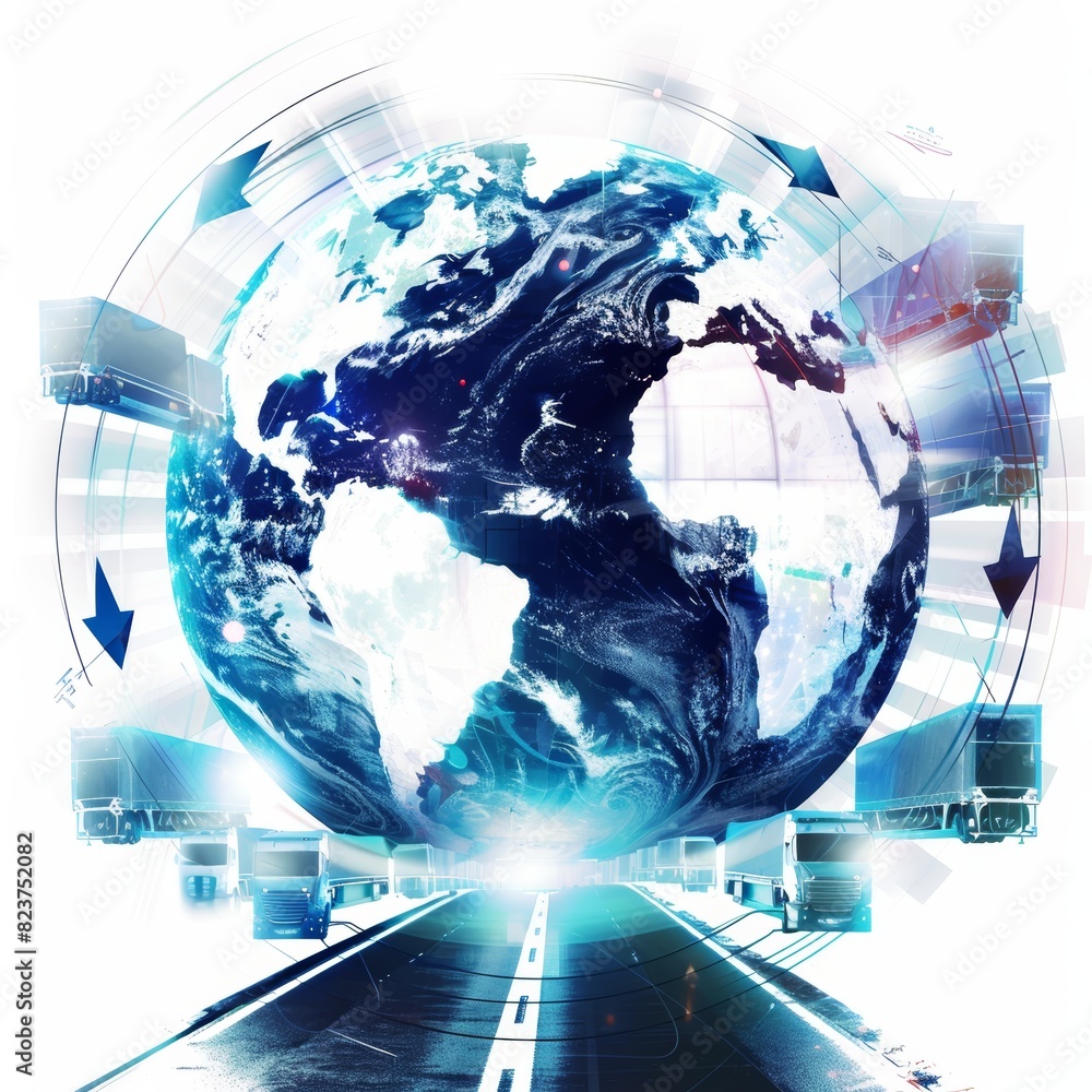 Poster abstract design symbolizing global logistics with overlapping transparent arrows across a globe - fl