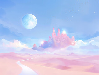 A dreamy scene of a pinky color castle in the desert and a giant moon, Surrealism, Pastel Color