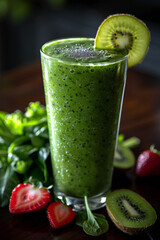 A nutritious green smoothie, ideal for dieting, blending spinach, and other fresh fruits.