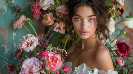 A stunning model elegantly holding a bouquet of flowers, surrounded by an opulent floral arrangement, captured for a glamorous magazine cover.