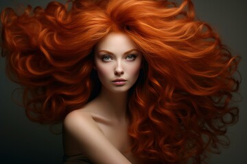 Fototapeta premium Stunning woman with vibrant red hair flowing dynamically in studio shot