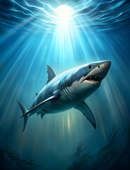 Obraz premium great white shark and sun rays