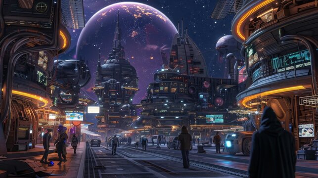 People walk along a futuristic city street at nighttime, with towering buildings and neon lights under an alien sky.