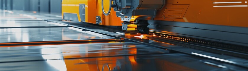 Naklejka premium Advanced machinery cutting galvanized steel sheets, side view, showcasing precision engineering, scifi tone, splitcomplementary color scheme