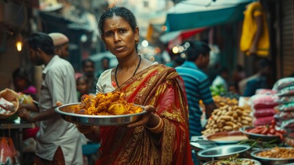 A woman in a red sari is holding a tray of food