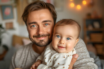 Happy smiling man father plays with daughter or son child. Caring father hugs his baby tenderly. Father's Day or Children's Day concept