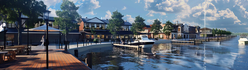 Riverfront Promenade: Focus on riverfront promenades, waterfront cafes, and boat docks, showcasing the city's riverside lifestyle and recreational opportunities