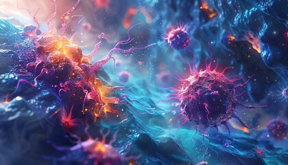 Abstract illustration of colorful biological cells interacting in a vibrant microscopic environment filled with dynamic energy.