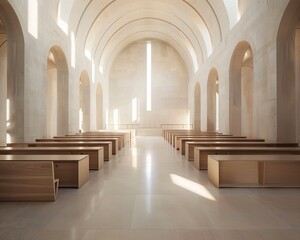 Fototapeta premium The interior of a modern church with white walls and arched windows