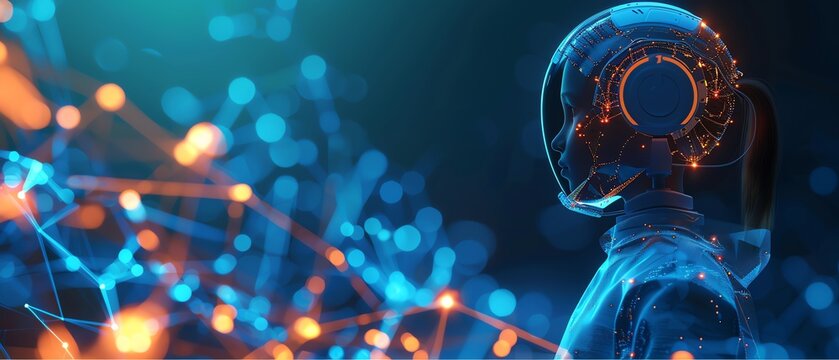 Futuristic robot in a digital world with glowing lights and interconnected networks, symbolizing advanced technology and artificial intelligence.
