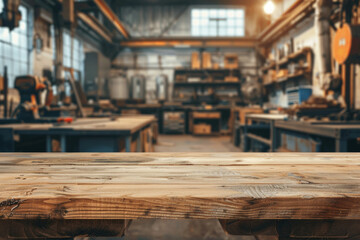 A wooden workbench in the foreground with a blurred background of an industrial workshop. The background includes various tools and equipment, metalworking machines, safety gear, and shelves.