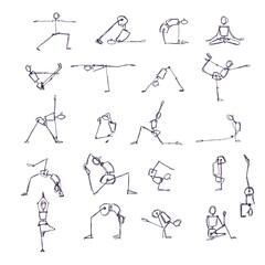 Practicing yoga and pilates sketch set. Collection of hand drawn silhouettes making asanas practicing yoga, meditation and plates. 
