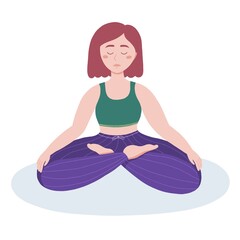Young woman in yoga lotus practices breathing meditation. Isolated illustration in flat style on white background. 