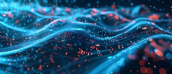 Glowing Digital Waves Flowing Through a Vibrant Futuristic Landscape in a Cosmic and Imaginative Digital Art Composition