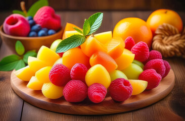 Beautifully decorated assorted fruit and berry dish. 
