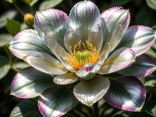 Unusual glowing multi-colored flower. Silver plant from a fairy story. Floral design, close-up. Artistic background for designers, packaging, fabric, covers.