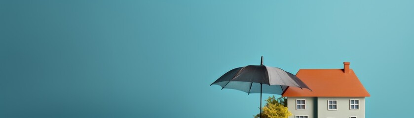 Property safety and insurance concept, House figure under umbrella.