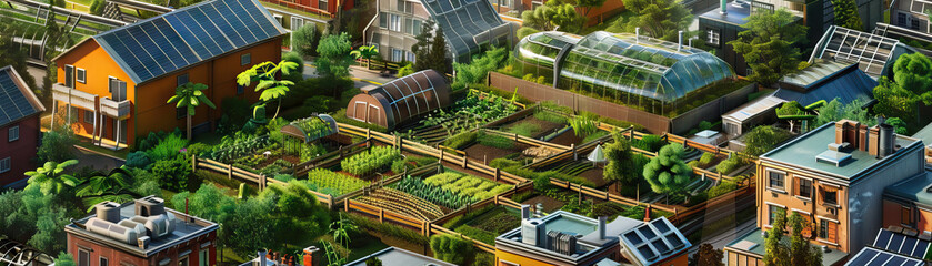 Urban Farming: Close-up of urban farms, community gardens, and rooftop greenhouses, highlighting the city's commitment to sustainable agriculture and local food production