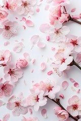 Captivating spring tree blossoms and petals displayed elegantly in a flat lay on a white surface