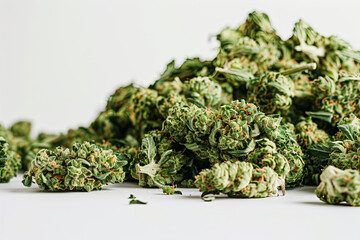 Bountiful organic harvest - heap of pungent marijuana buds on white surface