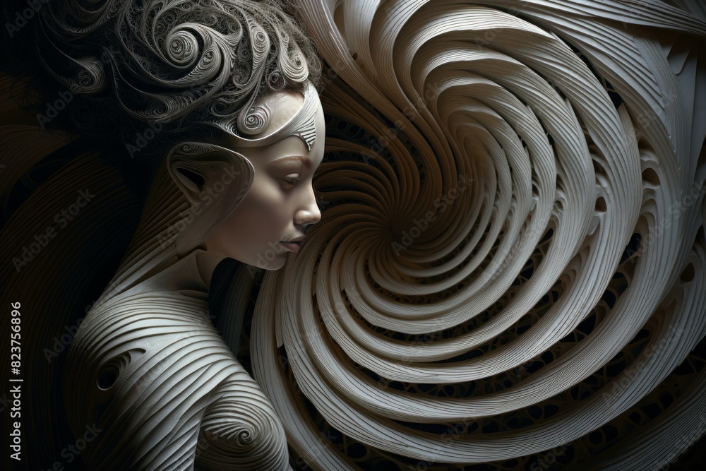 Poster abstract conceptual art piece featuring a figure with intricate swirling patterns
