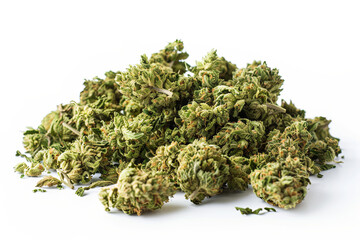 Bountiful organic harvest - heap of pungent marijuana buds on white surface