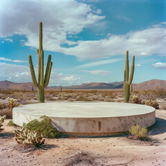 An empty platform as a mockup with desert in the background