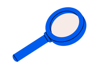 Hand drawn cute cartoon illustration magnifying glass. Flat vector searching optical tool sticker in doodle style. Discover or explore icon. Searching for opportunity. Data analysis. Isolated.