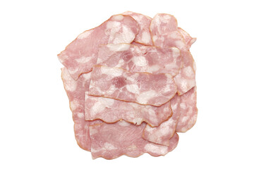 Close up of fresh bacon pieces isolated white background.