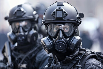 Fototapeta premium Heavily armed SWAT officers in protective gear and intimidating gas masks