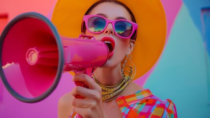 A beautiful fashion girl with bright makeup screams into a megaphone, promo action concept.