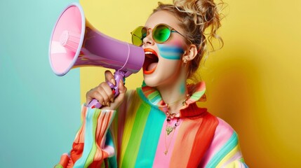 A beautiful fashion girl with bright makeup screams into a megaphone, promo action concept.