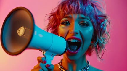 A beautiful fashion girl with bright makeup screams into a megaphone, promo action concept.