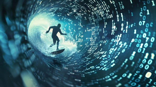 Businessman rides the digital wave of binary numbers, symbolizing navigating the digital world in silhouette form