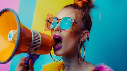 A beautiful fashion girl with bright makeup screams into a megaphone, promo action concept.