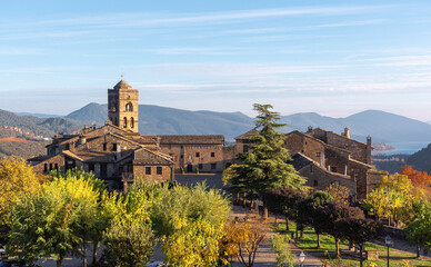 
In the Plaza Mayor of Ainsa we can see the bell tower, called Torre Rocher, Huesca, Spain.