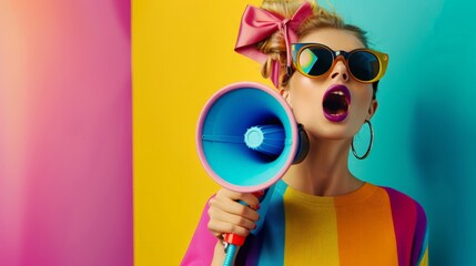 A beautiful fashion girl with bright makeup screams into a megaphone, promo action concept.