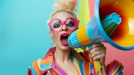 A beautiful fashion girl with bright makeup screams into a megaphone, promo action concept.